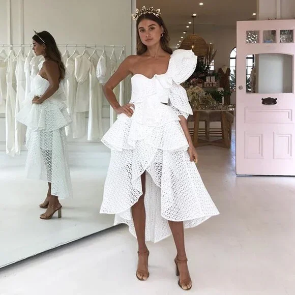 💋UBER GORGE!💋White Floral Crochet One Shoulder Ruffled Asymmetrical Dress - Picture 7 of 16